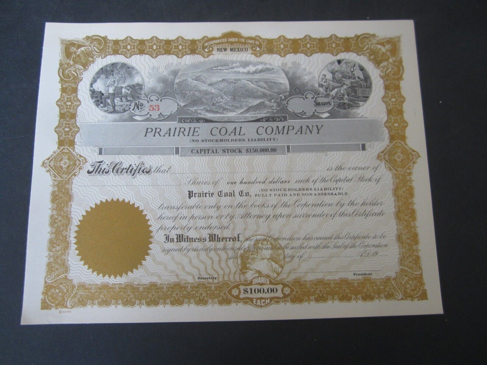 Old Vintage - PRAIRIE COAL Company - Stock Cert...