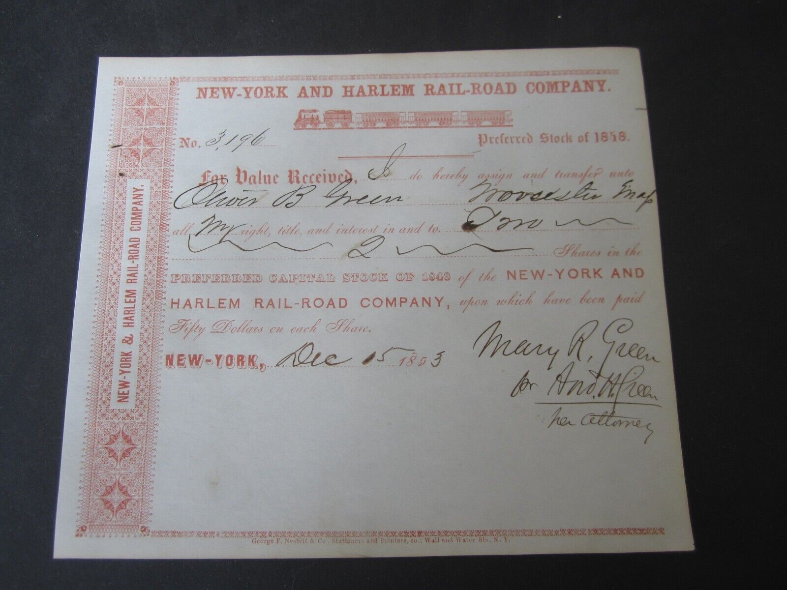 Old c.1850 - NEW YORK and HARLEM RAILROAD - Sto...