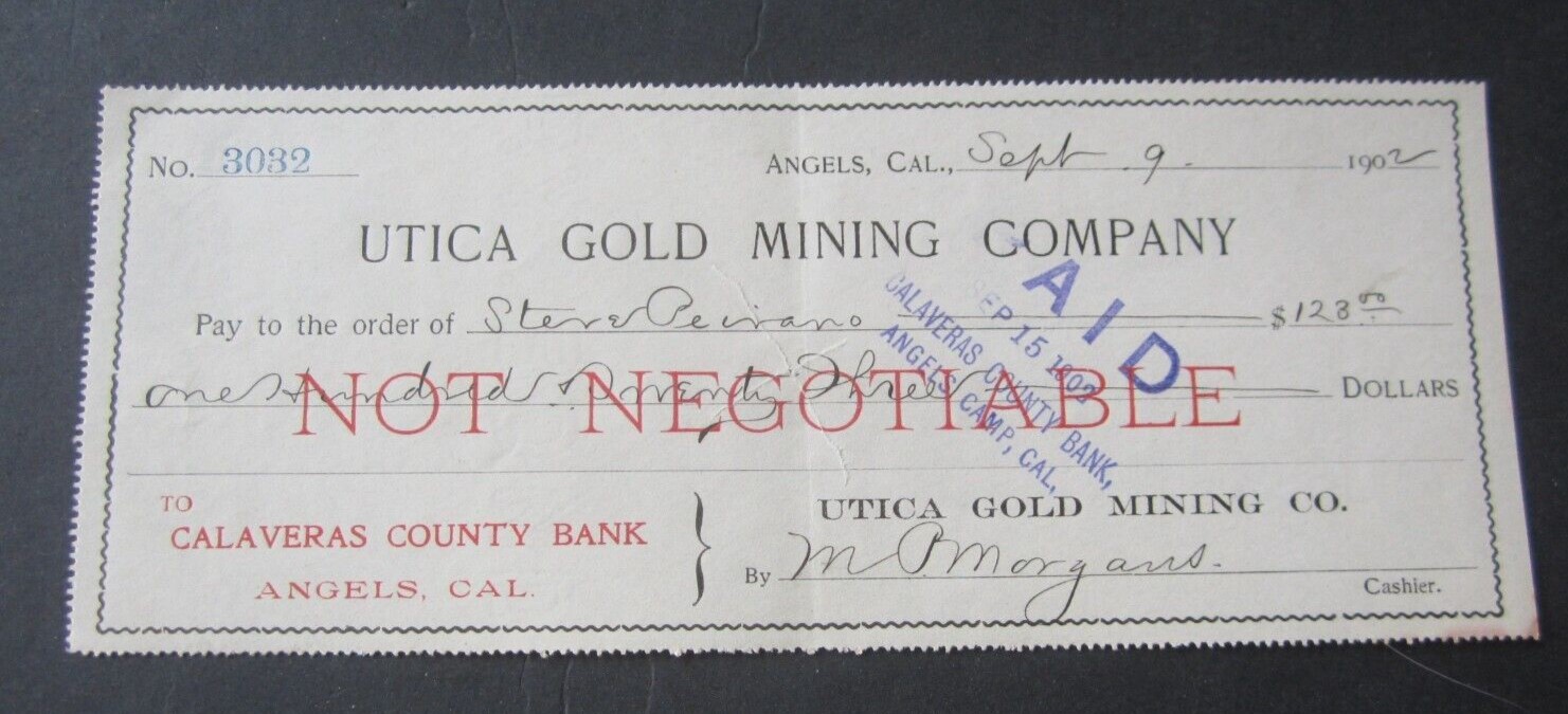 Old c.1900 - UTICA GOLD MINING Co. - BANK CHECK...