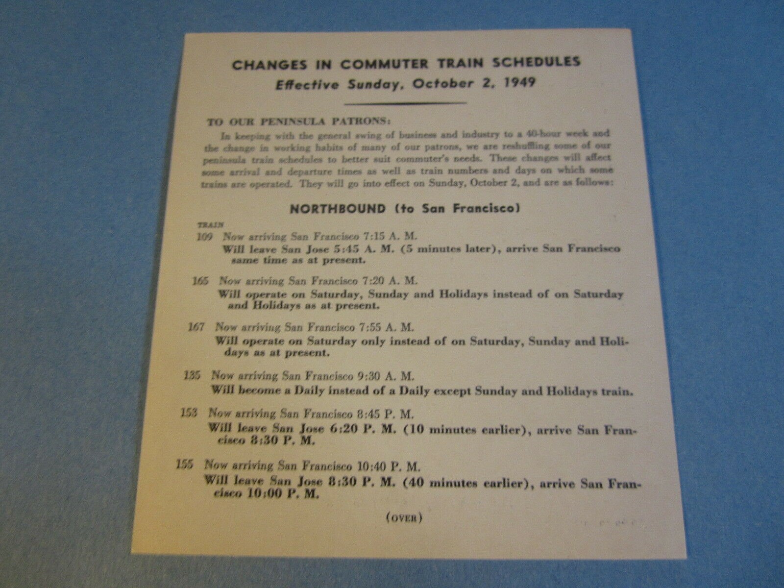 1949 S.P. RAILROAD - Changes in Commuter TRAIN ...