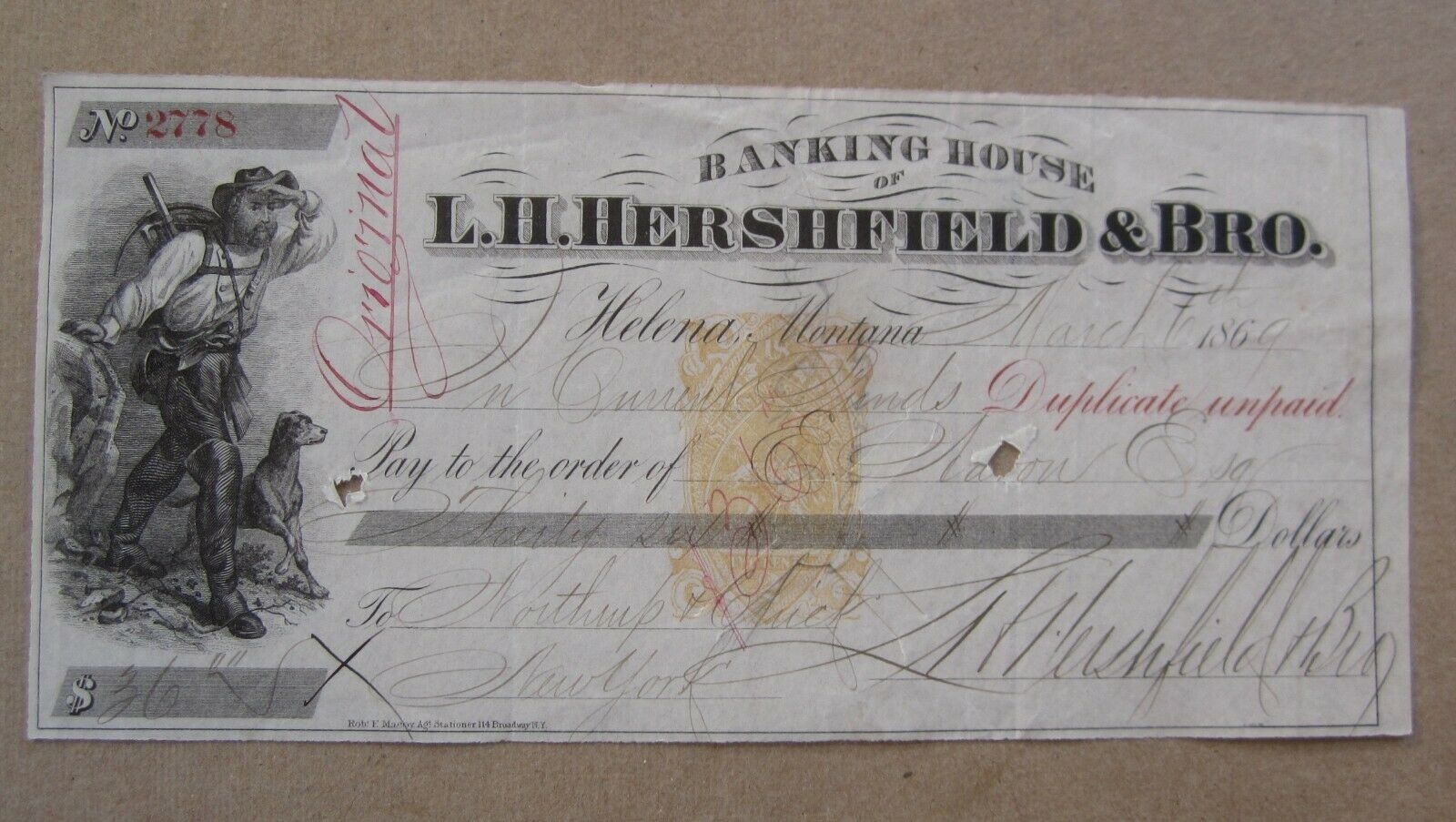Old c.1870 .L.H. HERSHFIELD Banking House Check...