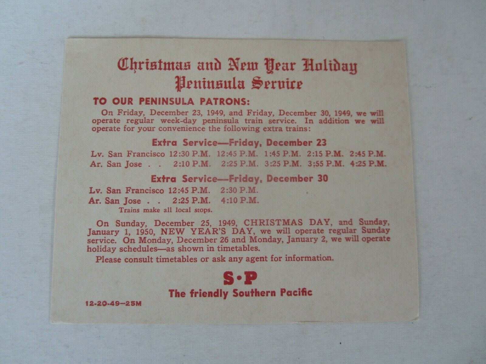 Old Vintage 1949 - S.P. RAILROAD - Christmas Ne...