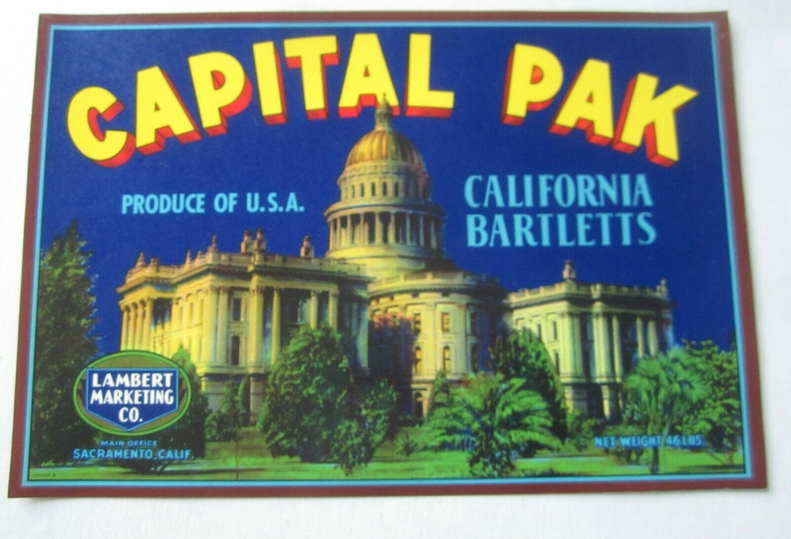  Old Vintage - CAPITAL PAK - Pear Crate Label -...