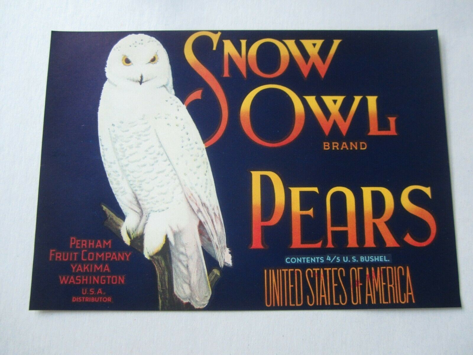  Old Vintage - SNOW OWL - Pear Crate Label - Ya...