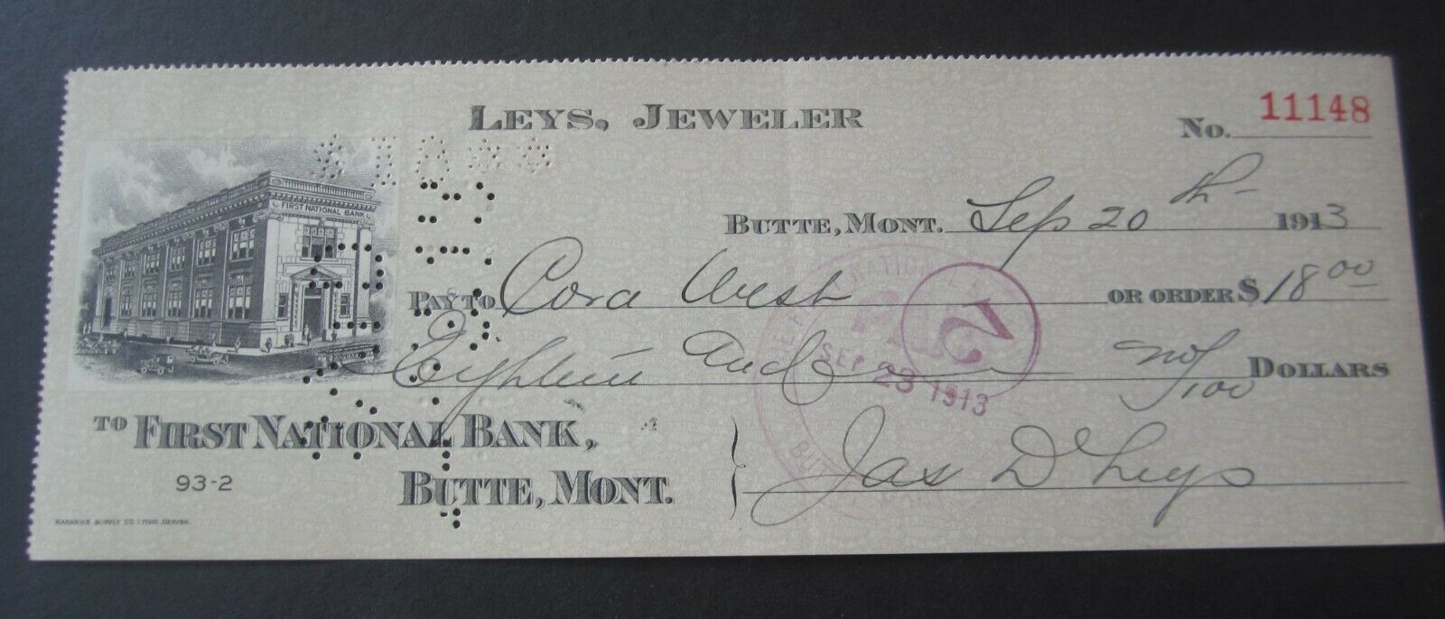 Old 1913 - LEYS - JEWELER - Bank Check - Butte ...