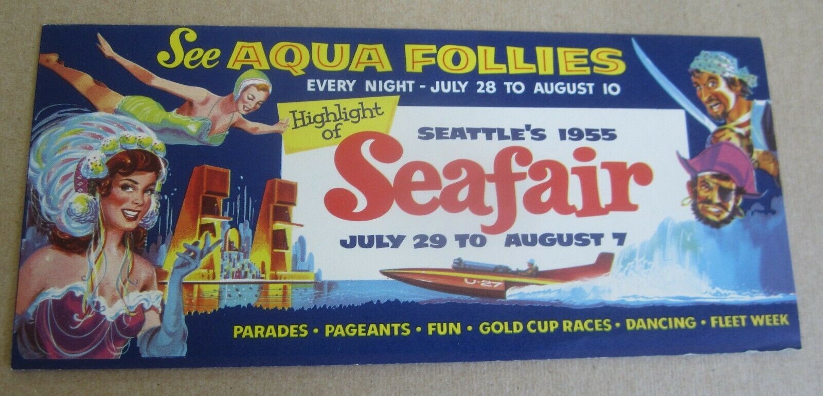 Old Vintage 1955 - SEATTLE - SEAFAIR - Aqua Fol...