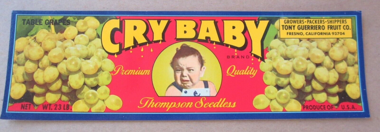 Old Vintage - CRY BABY - Grape LABEL - Fresno CA. 