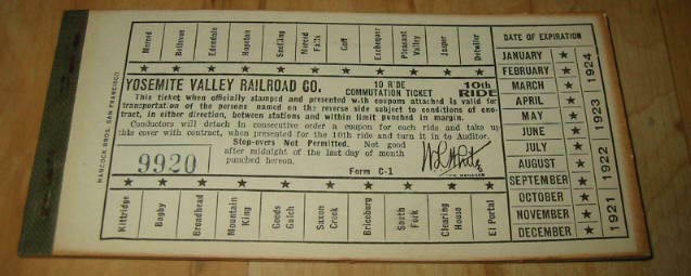 Old 1921 YOSEMITE VALLEY Railroad 10-RIDE TICKE...