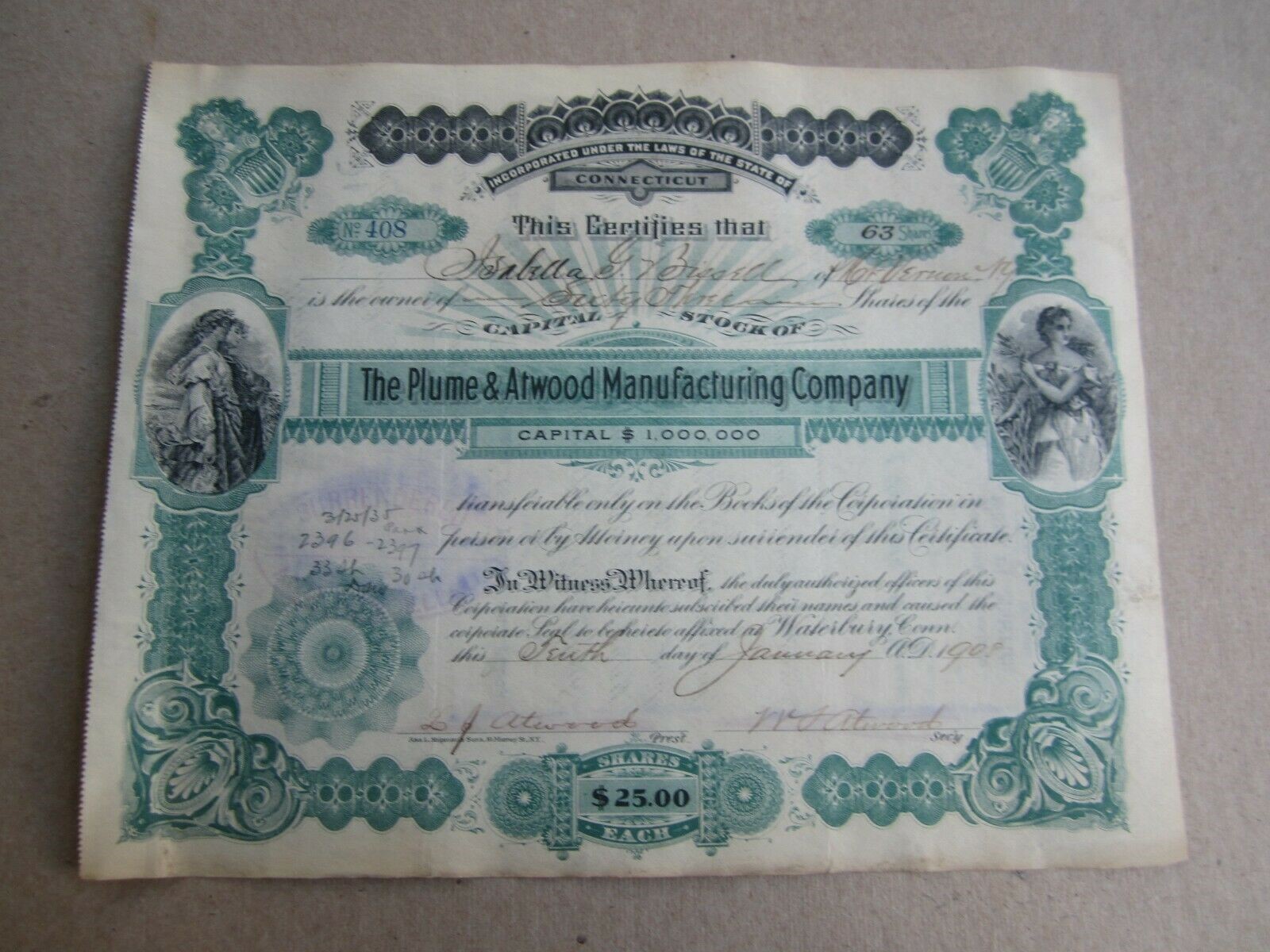 Old c.1908 - PLUME & ATWOOD MFG. - Stock Certif...
