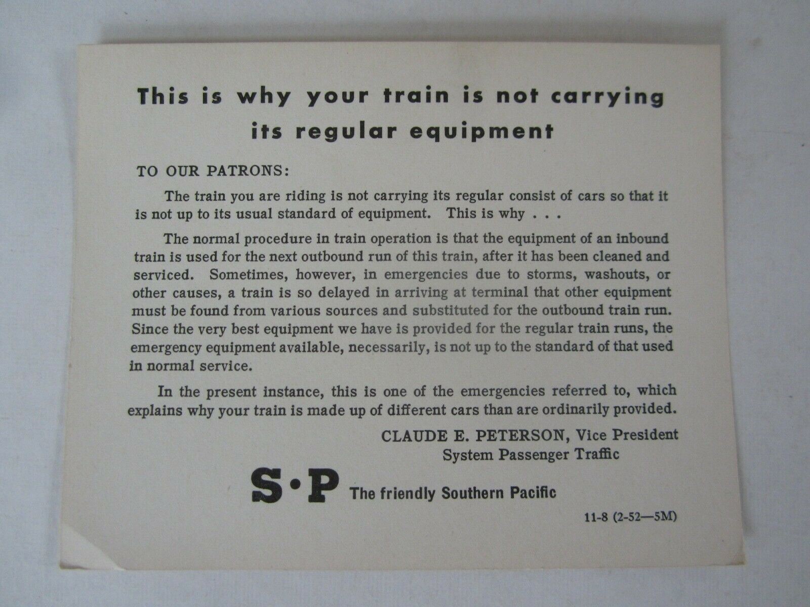 Old Vintage 1952 S.P RAILROAD - TRAIN Not Carry...
