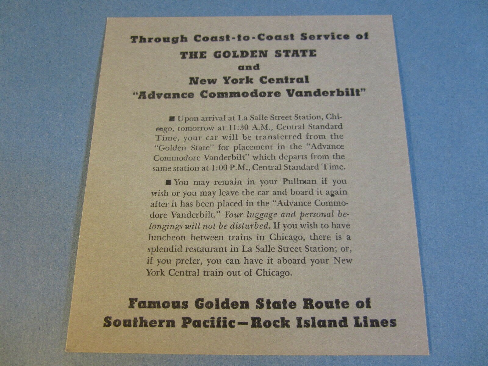 Old Vintage TRAIN CARD  Golden State & N.Y. Cen...