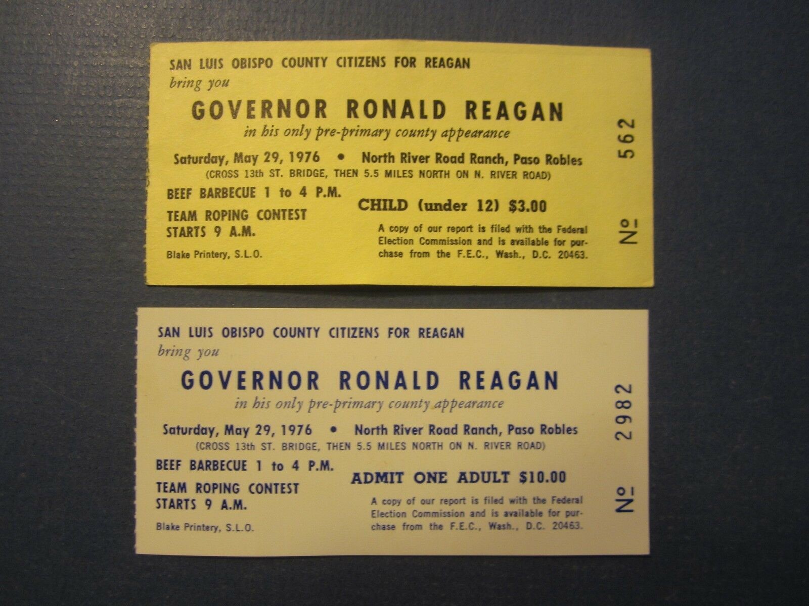 2 Old 1976 - GOVERNOR Ronald Reagan - TICKETS -...
