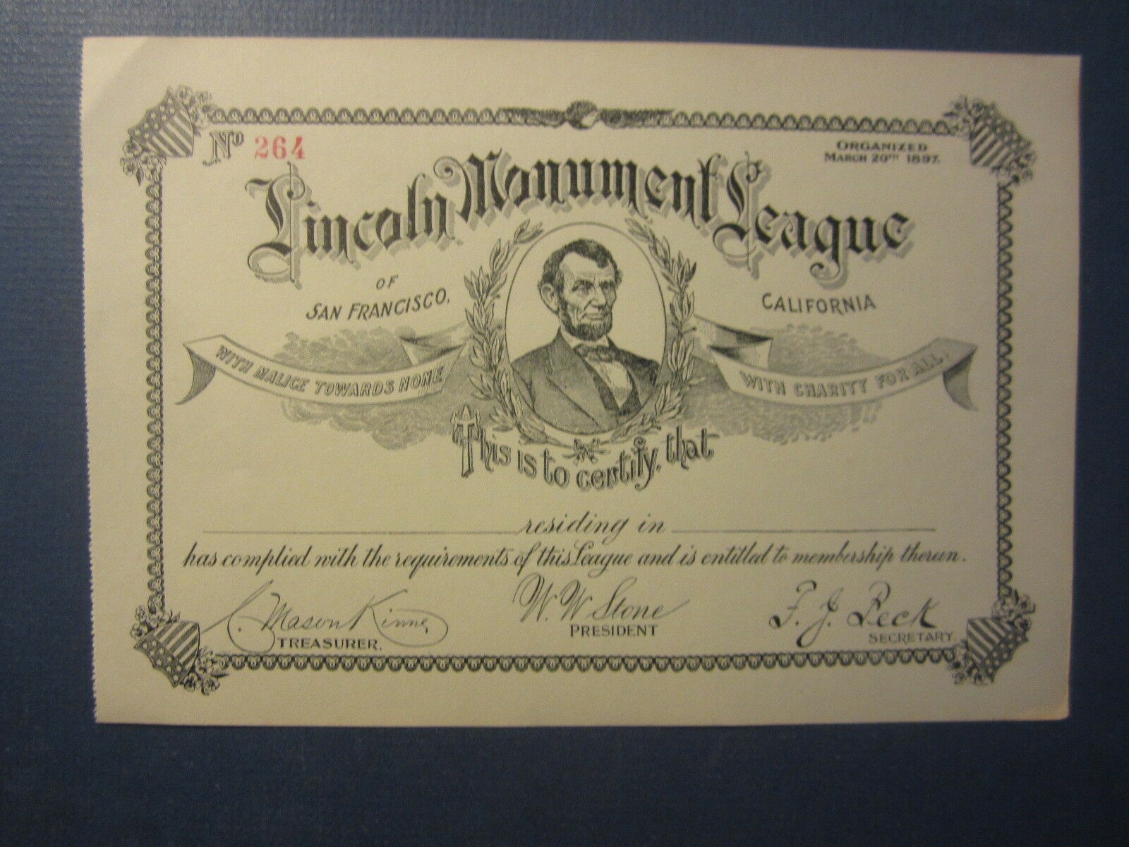 Old c.1900 - LINCOLN MONUMENT LEAGUE of San Fra...