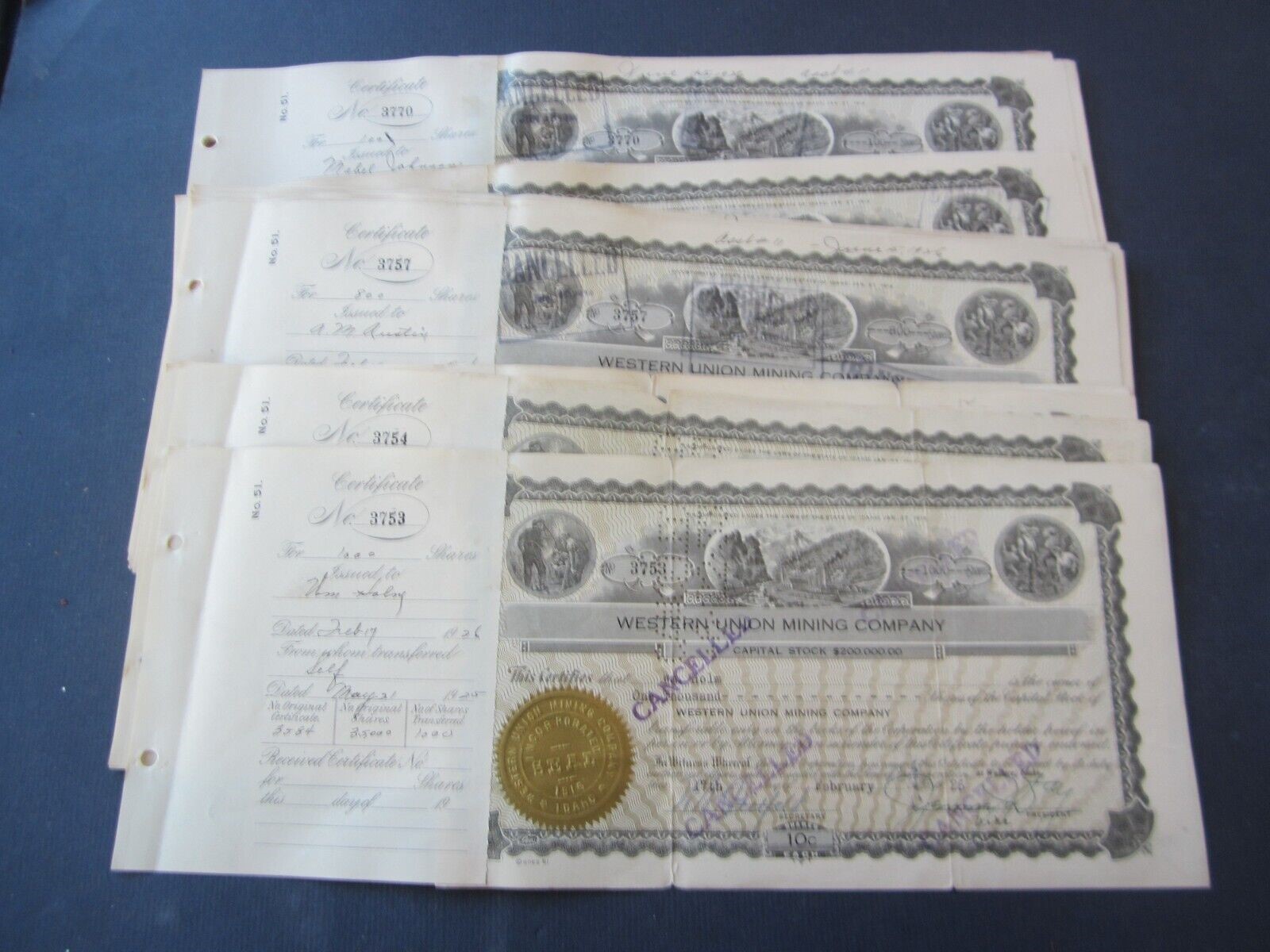 Lot of 5 Old 1926 - WESTERN UNION MINING Co - S...