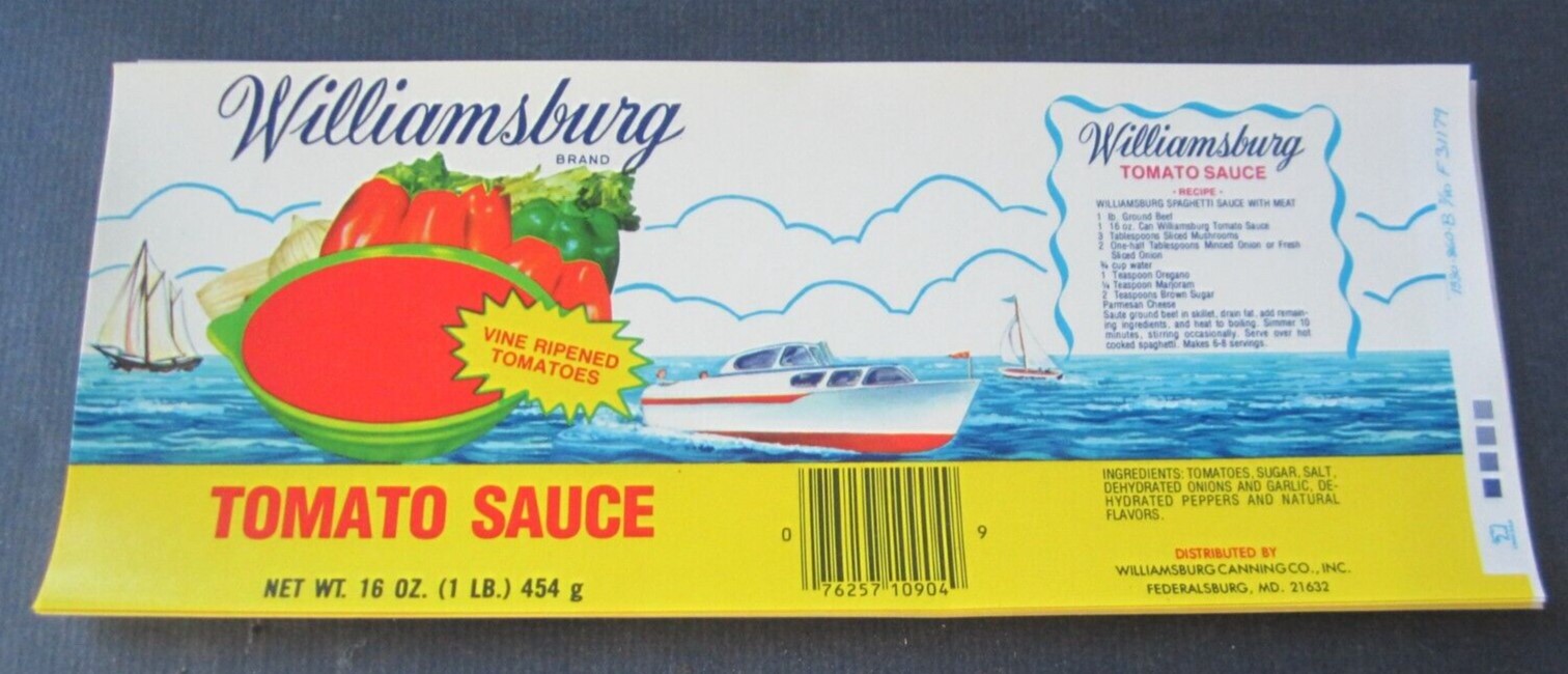 5 Old Vintage WILLIAMSBURG Tomato Sauce CAN LAB...