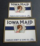 2 Old Vintage 1920's - IOWA MAID - JAR LABELS - Charles Hewitt & Sons DES MOINES