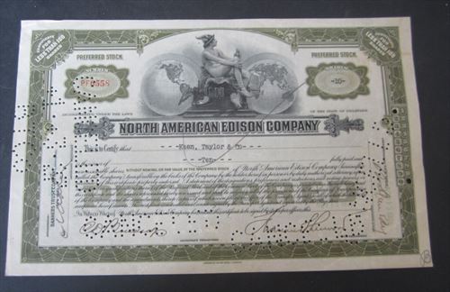 Old Vintage 1920's -  North American EDISON Company - Stock Certificate