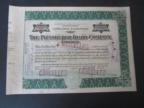 Old Vintage 1910's - PITTSBURGH-IDAHO - MINING Stock Certificate - Idaho