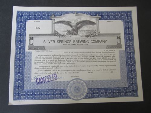 Old Vintage - SILVER SPRINGS BREWING Co. - Stock Certificate - BEER - Wash.