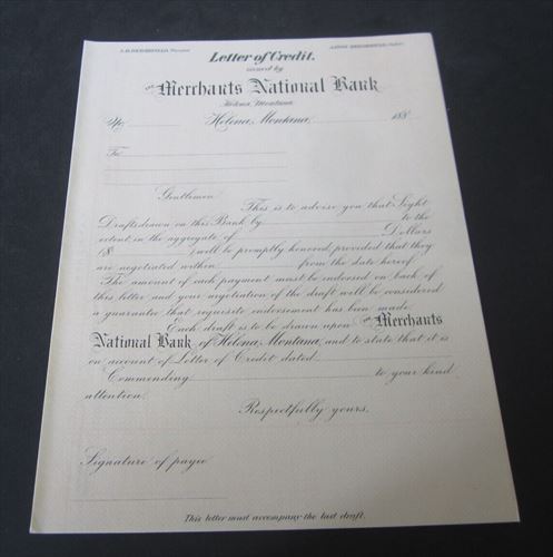 Old 1880's - Helena Montana - BANK - LETTER OF CREDIT - Document - Hershfield