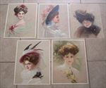 Set of 5 Old Vintage 1909-1910 - Antique VICTORIAN PRINTS - Fancy Ladys