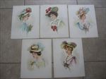 Set of 5 Old Vintage 1908 - Antique VICTORIAN PRINTS - Lady - Flower HAT Ladies