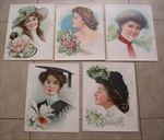 Set of 5 Old Vintage 1906 - Antique VICTORIAN PRINTS - FLOWER LADIES