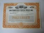 Old 1920's - SAN FRANCISCO TEXTILE MILLS - Stock Certificate - Black / Cotton 