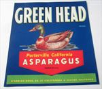 Old Vintage - GREEN HEAD - Duck - Asparagus Crate LABEL - Salinas CA.