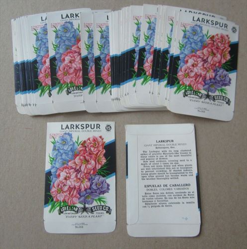  Lot of 50 Old Vintage - LARKSPUR - FLOWER SEED PACKETS - Empty