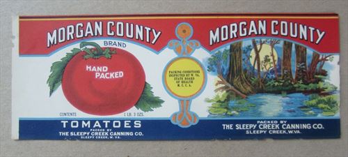 Old Vintage 1920's MORGAN COUNTY Tomato CAN LABEL - Sleepy Creek Canning - WVA. 