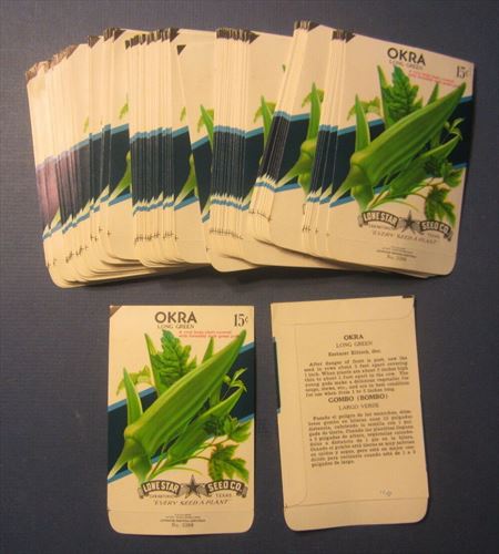  Lot of 100 Old Vintage OKRA Long Green Vegetable SEED PACKETS - EMPTY