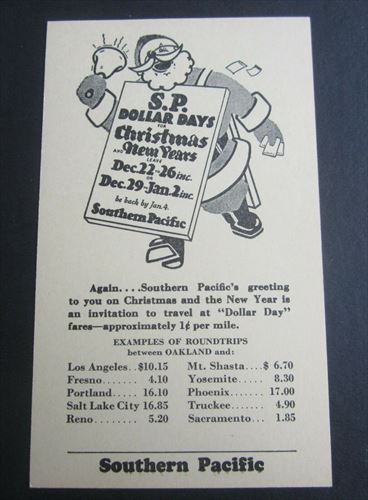 Old Vintage c.1930's - S.P. Railroad - Dollar Days - Santa Claus - Postal Card 
