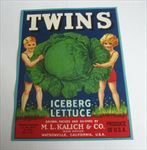 Old Vintage 1940's - TWINS - Iceburg Lettuce Crate LABEL - Watsonville CA. 
