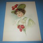 Old Vintage 1908 - Antique VICTORIAN PRINT - Lady - RED CARNATION Flower HAT 