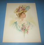 Old Vintage 1908 - Antique VICTORIAN PRINT - Lady - HIACINTHS - Flower HAT 
