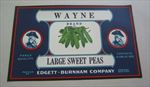 Old 1930's - Wayne - SWEET PEAS - Can LABEL - Newark N.Y. - 6 lbs. 10 oz.