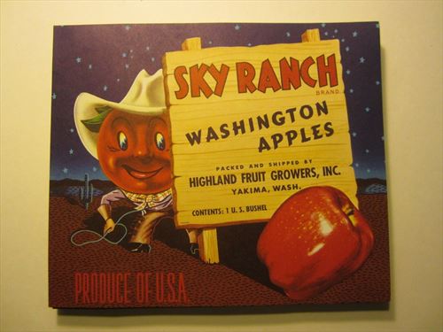  Lot of 10 Old Vintage - SKY RANCH Apple LABELS - Cartoon COWBOY Apple