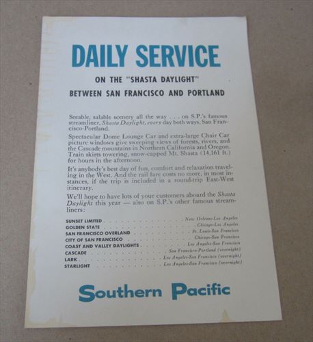 Old Vintage c.1950's - S.P. Railroad - SHASTA DAYLIGHT Train Advertising Card 