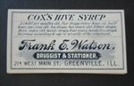 Lot of 25 Old Vintage - COX'S HIVE SYRUP - Pharmacy LABELS - Greenville ILL.