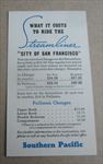 Old Vintage 1950's S.P. Railroad City of San Francisco Train - FARE COSTS - CARD