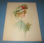 Old Vintage 1908 - Antique VICTORIAN PRINT - Lady - RED ROSE Flower HAT 