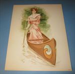 Old Vintage 1908 Antique - VICTORIAN PRINT - Sporting Girls - LADY in CANOE