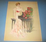 Old Vintage 1909 Antique VICTORIAN PRINT - Lady MUSICIAN - Piano - Red Roses 