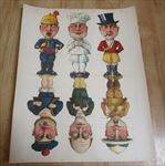 Old c.1890 Antique French Game PRINT - COMIC CHARACTERS - For Wooden Blocks 