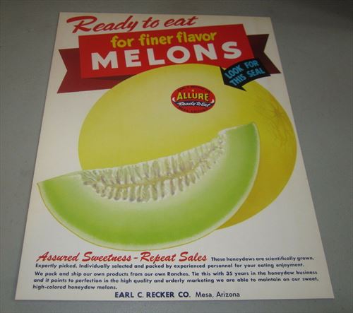  Old Vintage 1950's ALLURE MELONS - Cardboard Advertising SIGN - MESA AZ