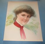 Old Vintage 1906 - Antique VICTORIAN PRINT - Lady - RED TIE / Green Leaves 