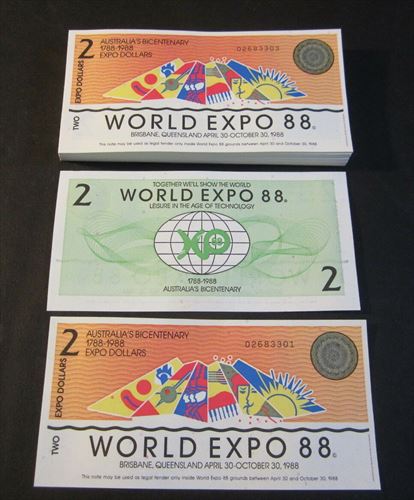 Lot of 100 pieces - Australia 1988 World Expo - $2 Notes - Bicentenary 