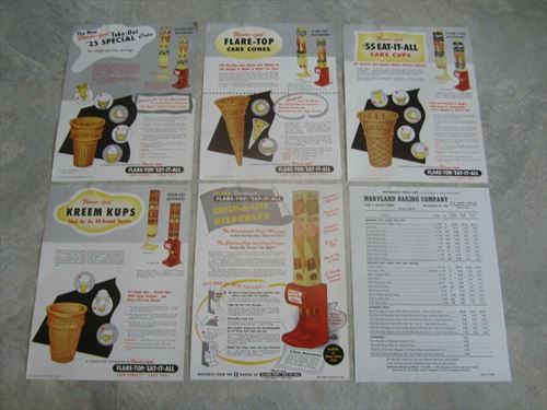 Lot of 6 Old 1950's - Flare-Top - Eat-it-All ICE CREAM CONE Advertising FLYERS 