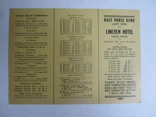 Old Vintage - LINCOLN HOTEL Eureka NEVADA - Race Horse KENO Betting CARD 